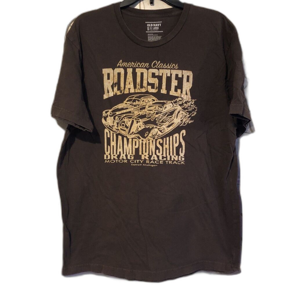 Old Navy Roadster Championships T Shirt XL Brown Drag Racing Hot Rod Car Graphic